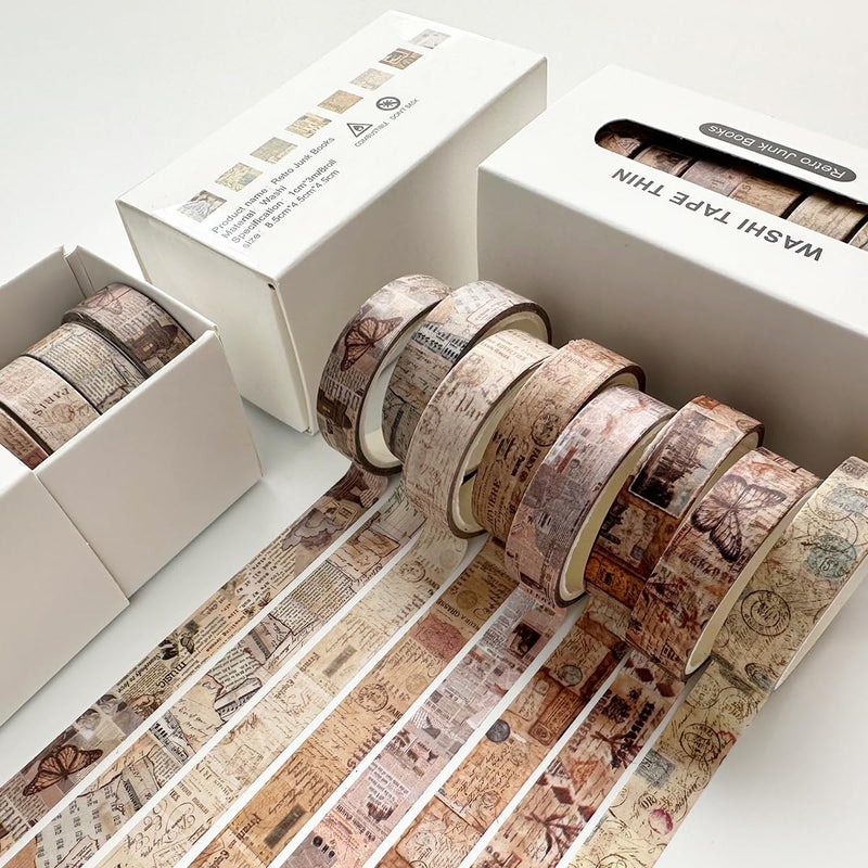 YUBX Vintage Washi Tape Set 8 Rolls Thin Retro Decorative Antique Patterns Masking Tapes for Arts, DIY Crafts, Journals, Planners, Scrapbook, Wrapping (Junk Books) - Image 2
